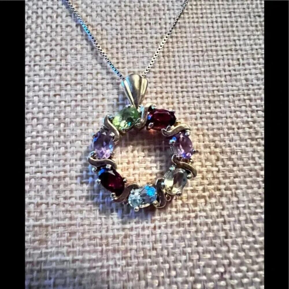 925 Italy Vermeil Multi Simi Precious Gem Stone Necklace 18”